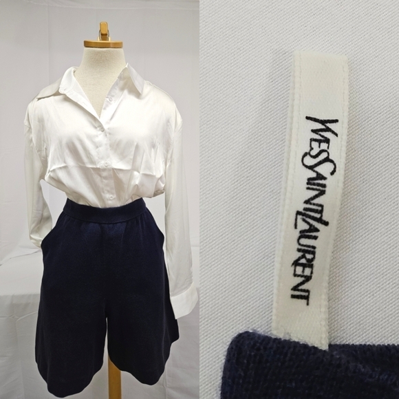 Yves Saint Laurent High Waisted Flared Leg Cotton Knit Shorts In Navy Blue Sz 4 - Picture 1 of 13